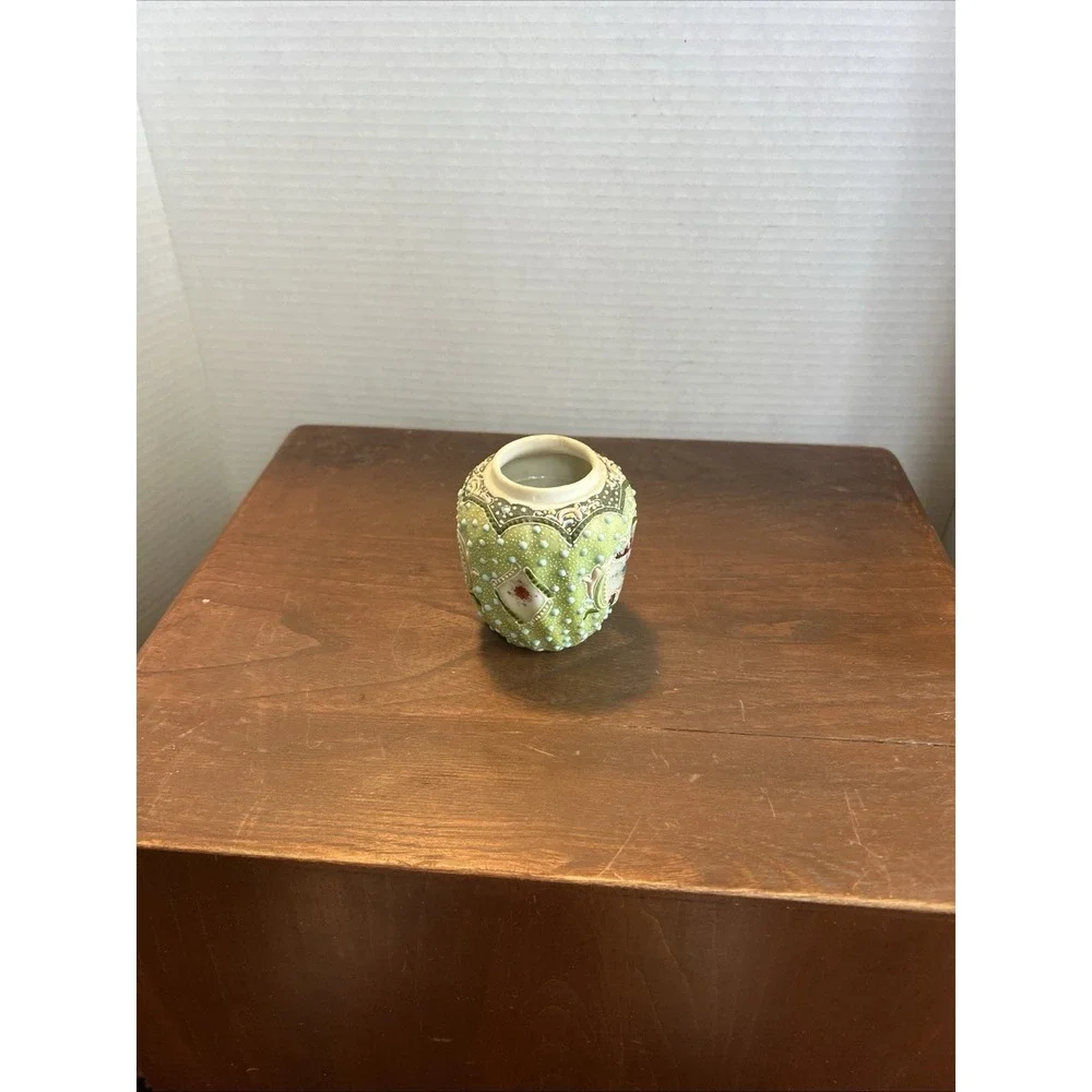 Antique Nippon Moriage Vase Hand Painted Floral Celadon Green Porcelain 3.25